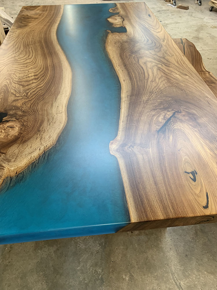 Custom Handcrafted English Elm Live Edge River Dining Table with U Wood Base and blue green epoxy - 051