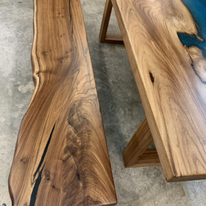 Custom Handcrafted English Elm Live Edge River Dining Table with U Wood Base - 051 with bench