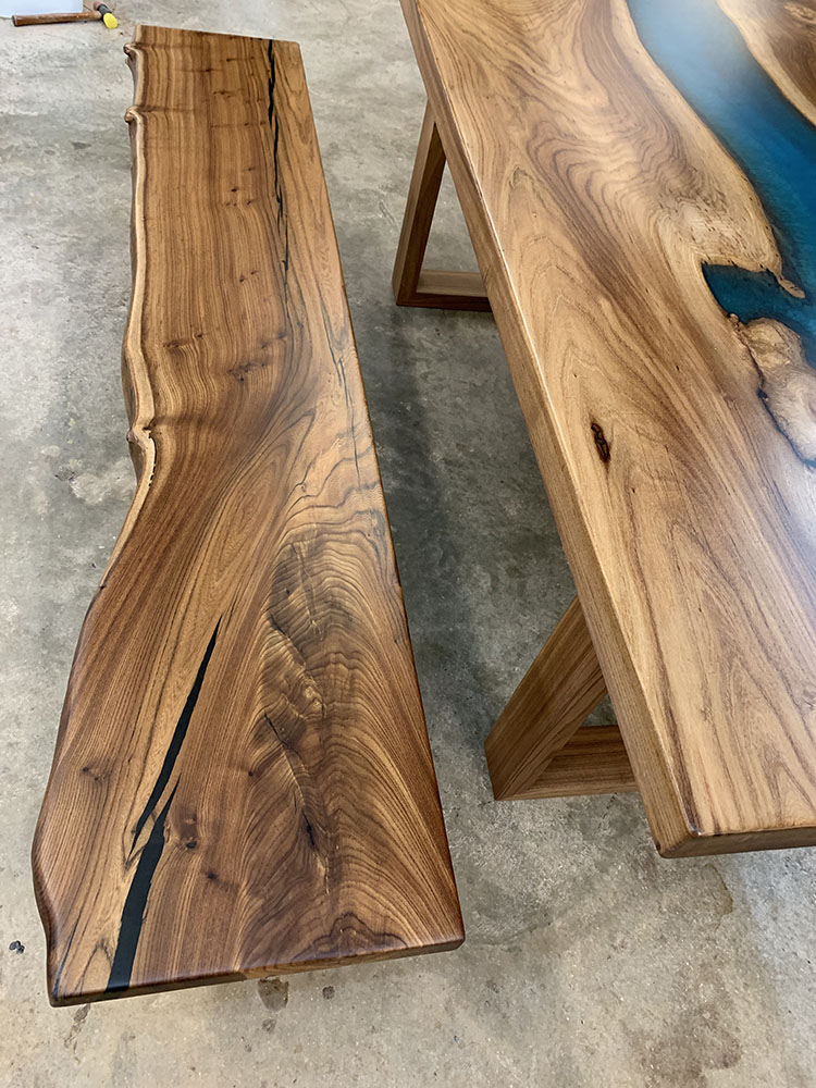 Custom Handcrafted English Elm Live Edge River Dining Table with U Wood Base - 051 with bench