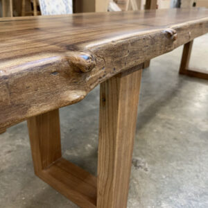 Custom Handcrafted English Elm Live Edge River Dining Table with U Wood Base - 051 and bench
