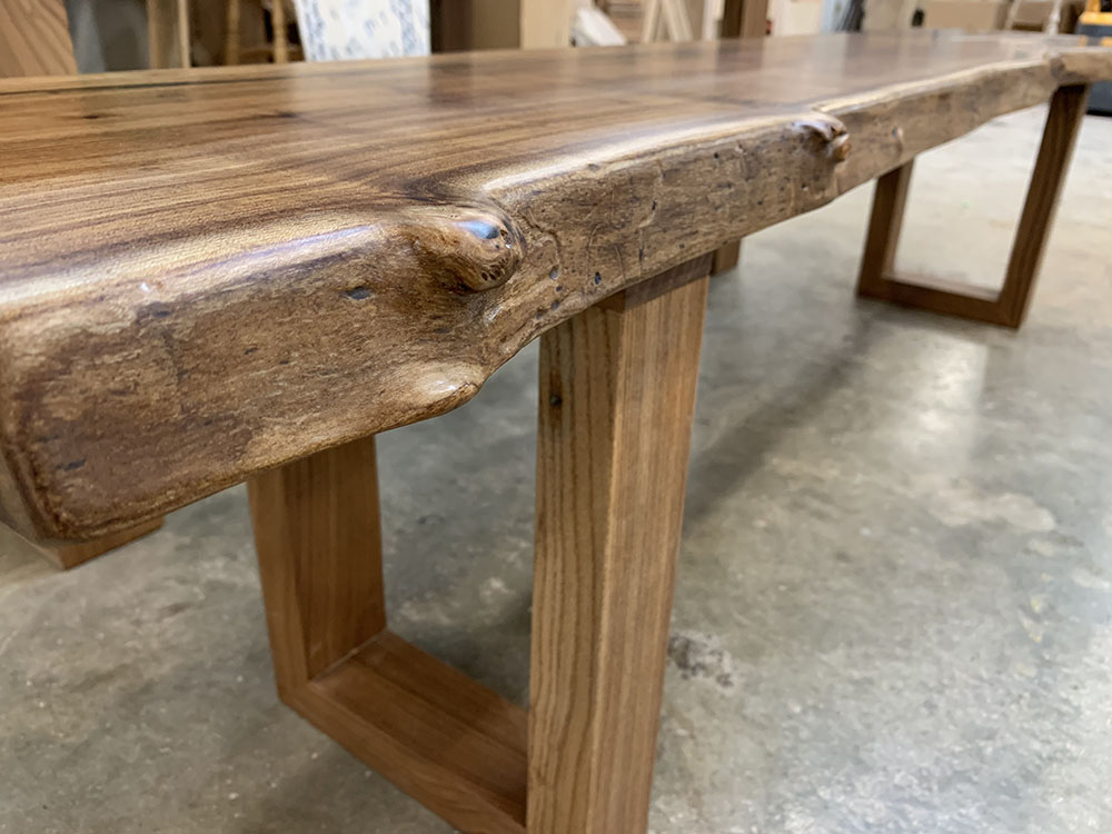Custom Handcrafted English Elm Live Edge River Dining Table with U Wood Base - 051 and bench