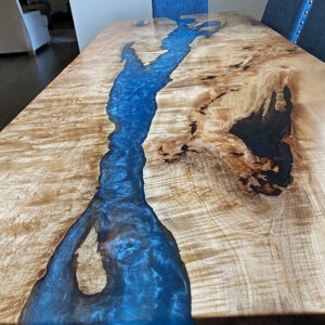 Custom Handcrafted Figured Maple Caribbean Blue River Dining Table with Z-Leg Steel Base - 057 - Top View