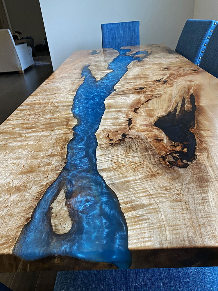 Custom Handcrafted Figured Maple Caribbean Blue River Dining Table with Z-Leg Steel Base - 057 - Top View