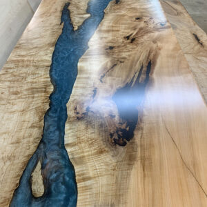 Custom Handcrafted Figured Maple Caribbean Blue River Dining Table with Z-Leg Steel Base - 057 - Detail