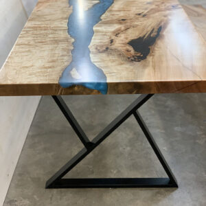 Custom Handcrafted Figured Maple Caribbean Blue River Dining Table with Z-Leg Steel Base - 057 - Side View