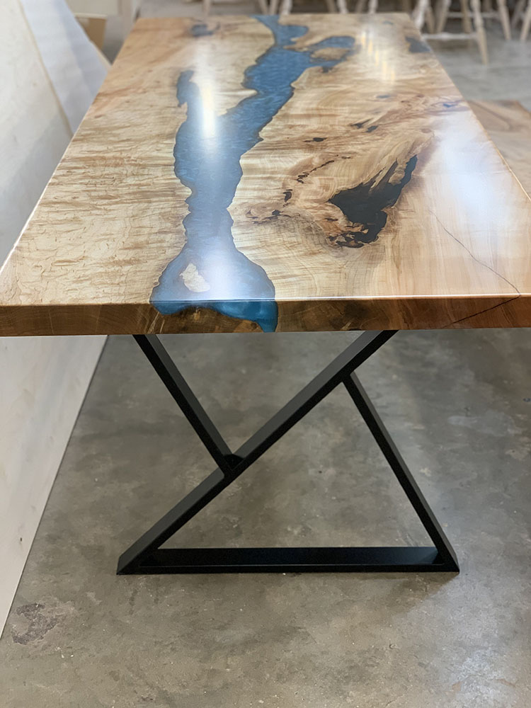 Custom Handcrafted Figured Maple Caribbean Blue River Dining Table with Z-Leg Steel Base - 057 - Side View