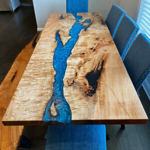 Custom Handcrafted Figured Maple Caribbean Blue River Dining Table with Z-Leg Steel Base - 057