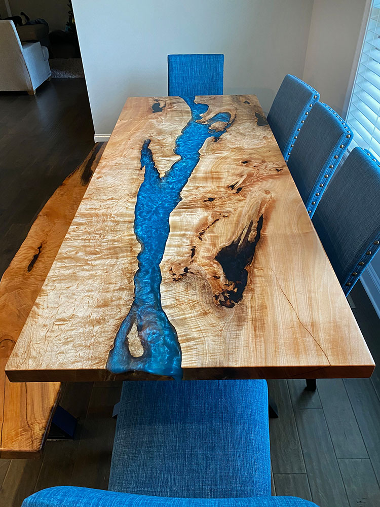 Custom Handcrafted Figured Maple Caribbean Blue River Dining Table with Z-Leg Steel Base - 057