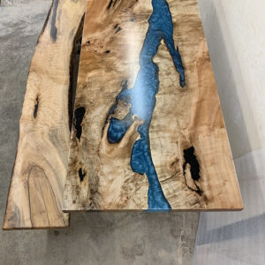 Custom Handcrafted Figured Maple Caribbean Blue River Dining Table with Z-Leg Steel Base - 057 with Bench