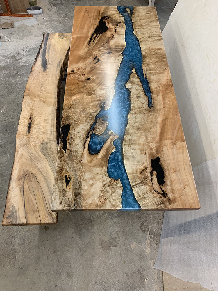 Custom Handcrafted Figured Maple Caribbean Blue River Dining Table with Z-Leg Steel Base - 057 with Bench