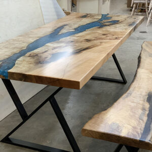 Custom Handcrafted Figured Maple Caribbean Blue River Dining Table with Z-Leg Steel Base - 057 with Bench