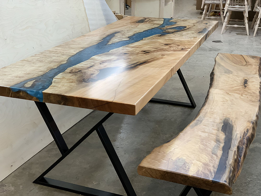 Custom Handcrafted Figured Maple Caribbean Blue River Dining Table with Z-Leg Steel Base - 057 with Bench