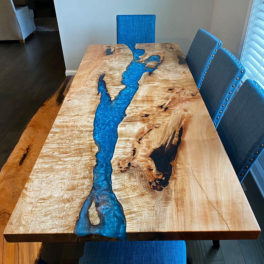 Custom Handcrafted Figured Maple Caribbean Blue River Dining Table with Z-Leg Steel Base - 057