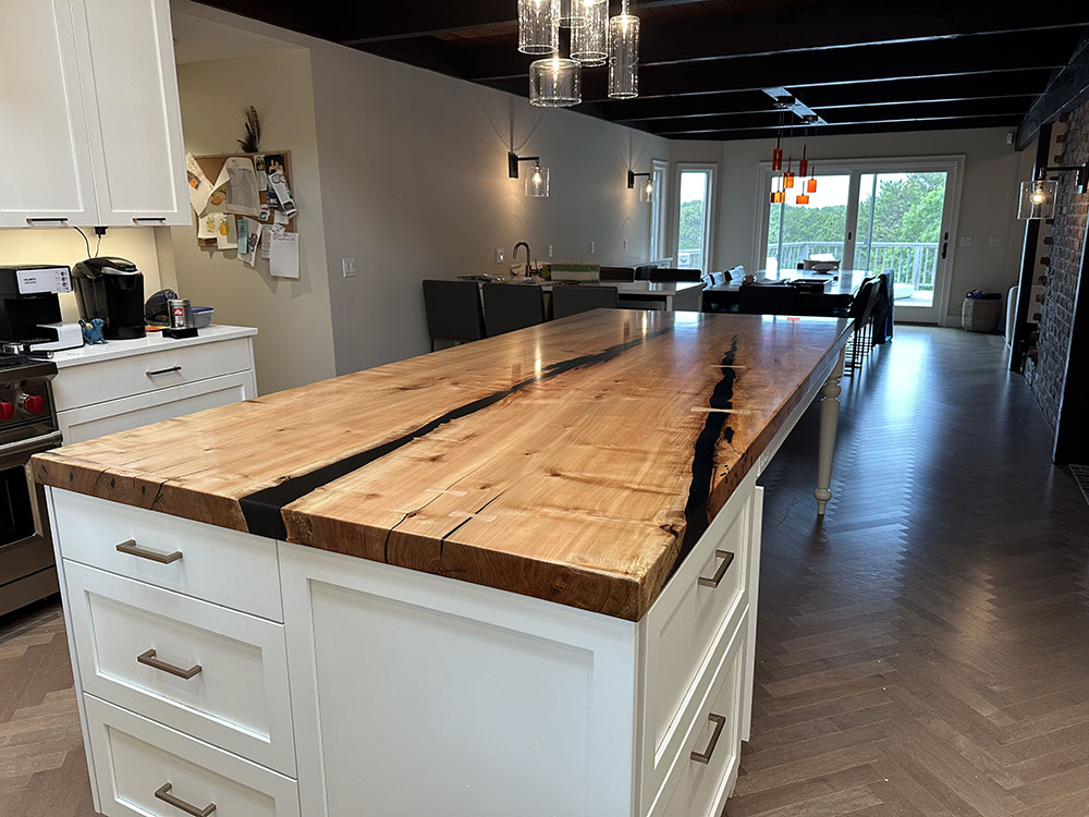 Custom Figured Maple Kitchen Island with Built-In Cabinet Base - 068 - Solid Slab Style
