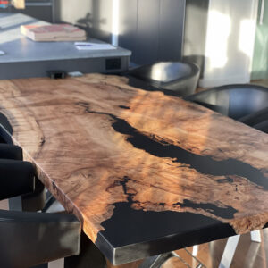 Figured Maple Live Edge Cast Dining Table with Steel X Legs & Solid Black Epoxy - 034 - Up Close Detail
