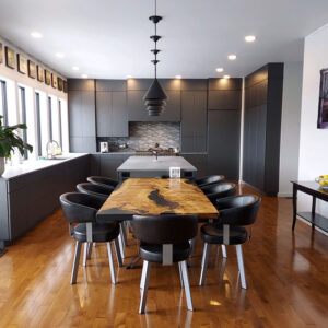 Figured Maple Live Edge Cast Dining Table with Steel X Legs & Solid Black Epoxy - 034
