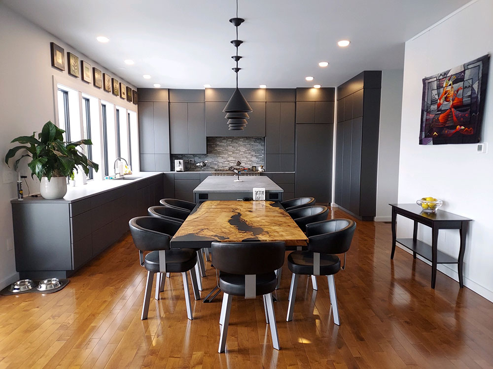 Figured Maple Live Edge Cast Dining Table with Steel X Legs & Solid Black Epoxy - 034