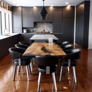 Custom Figured Maple Live Edge Cast Dining Table with Steel X Legs & Solid Black Epoxy - 034