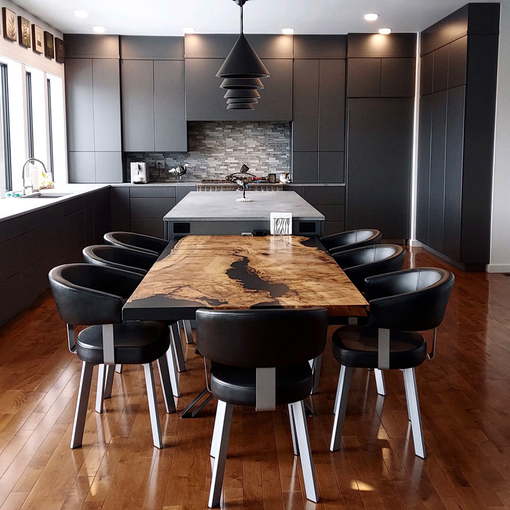 Custom Figured Maple Live Edge Cast Dining Table with Steel X Legs & Solid Black Epoxy - 034