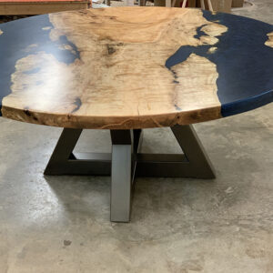 Custom Figured Maple Round Live Edge River Dining Table with Cross Steel Base & Ocean Metallic Epoxy - 044