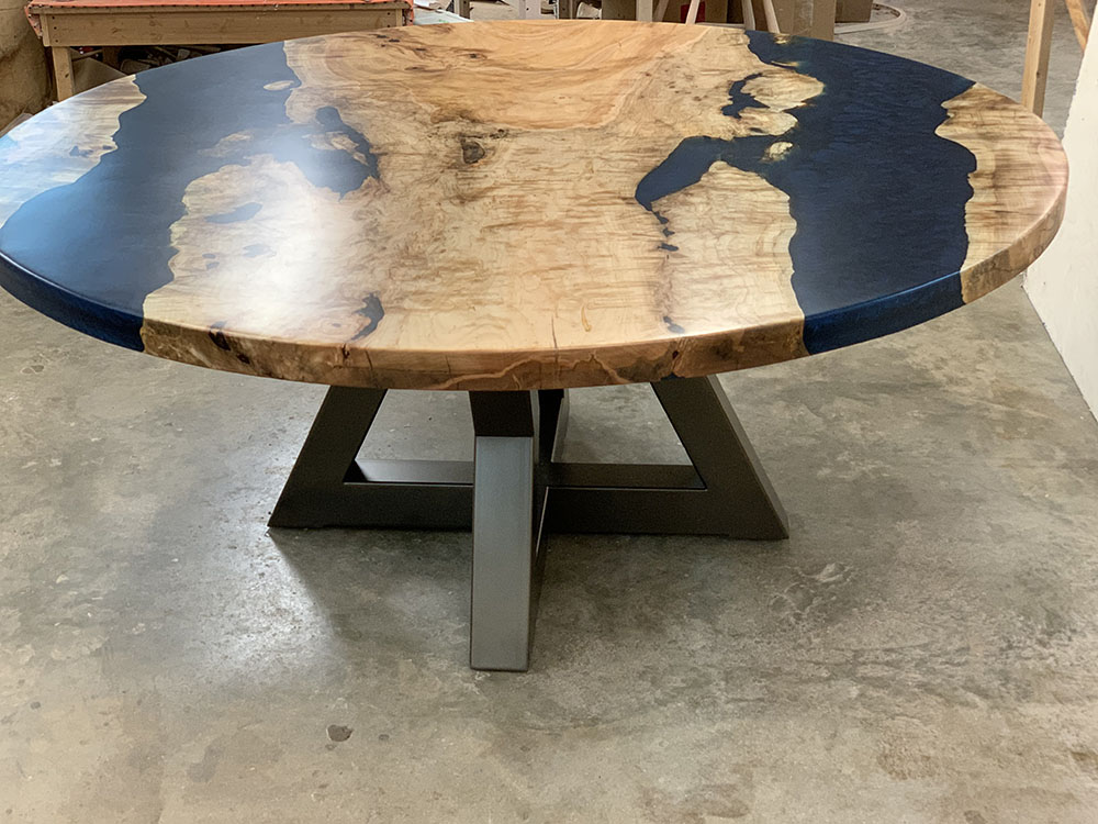 Custom Figured Maple Round Live Edge River Dining Table with Cross Steel Base & Ocean Metallic Epoxy - 044