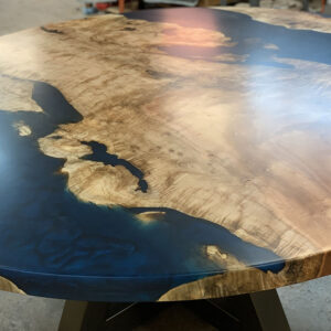 Custom Figured Maple Round Live Edge River Dining Table with Cross Steel Base & Ocean Metallic Epoxy - 044 - Top