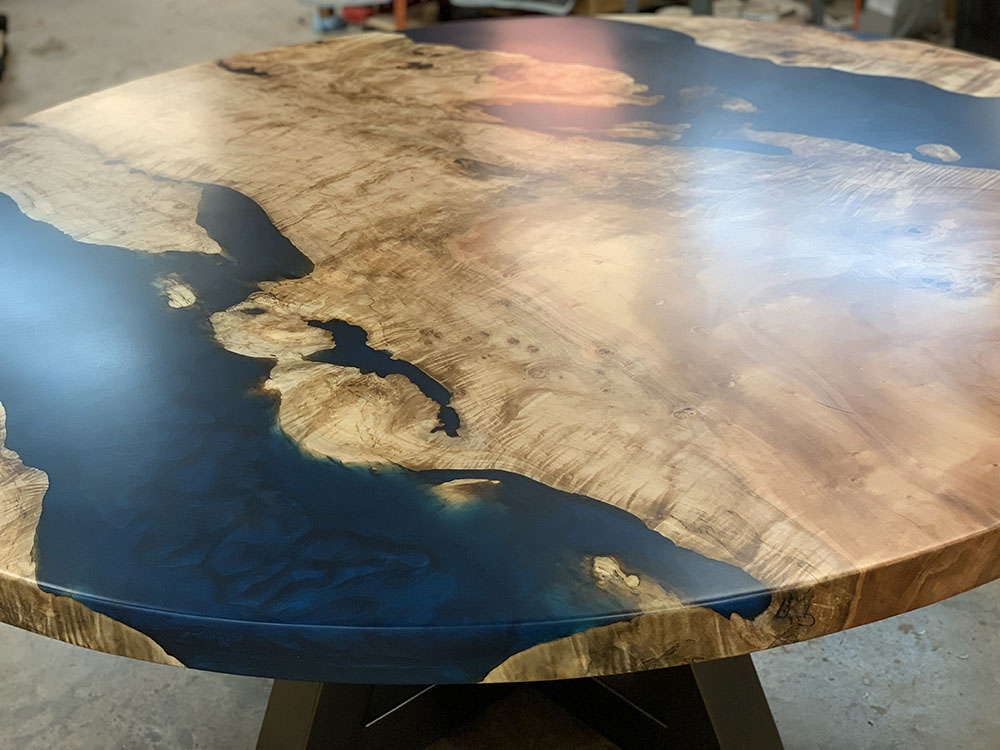 Custom Figured Maple Round Live Edge River Dining Table with Cross Steel Base & Ocean Metallic Epoxy - 044 - Top
