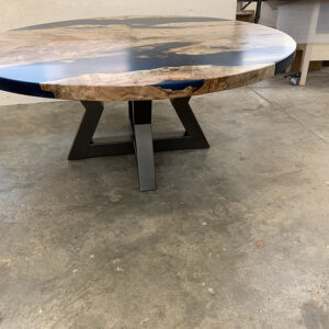Custom Figured Maple Round Live Edge River Dining Table with Cross Steel Base & Ocean Metallic Epoxy - 044 - Side