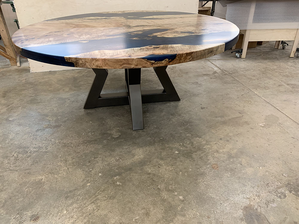 Custom Figured Maple Round Live Edge River Dining Table with Cross Steel Base & Ocean Metallic Epoxy - 044 - Side