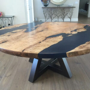 Custom Figured Maple Round Live Edge River Dining Table with Cross Steel Base & Ocean Metallic Epoxy - 044