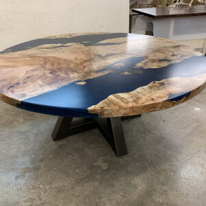 Custom Figured Maple Round Live Edge River Dining Table with Cross Steel Base & Ocean Metallic Epoxy - 044