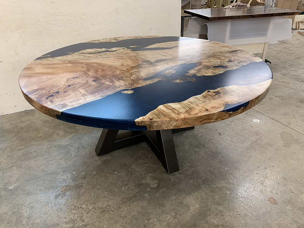 Custom Figured Maple Round Live Edge River Dining Table with Cross Steel Base & Ocean Metallic Epoxy - 044