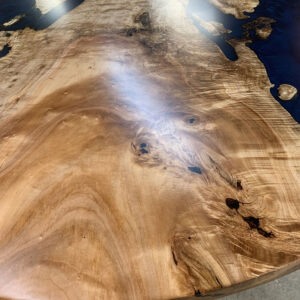 Custom Figured Maple Round Live Edge River Dining Table with Cross Steel Base & Ocean Metallic Epoxy - 044 - Wood Detail