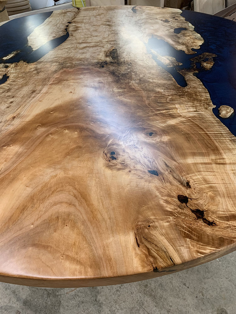 Custom Figured Maple Round Live Edge River Dining Table with Cross Steel Base & Ocean Metallic Epoxy - 044 - Wood Detail