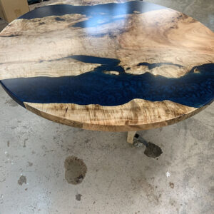 Custom Figured Maple Round Live Edge River Dining Table with Cross Steel Base & Ocean Metallic Epoxy - 044 - Top