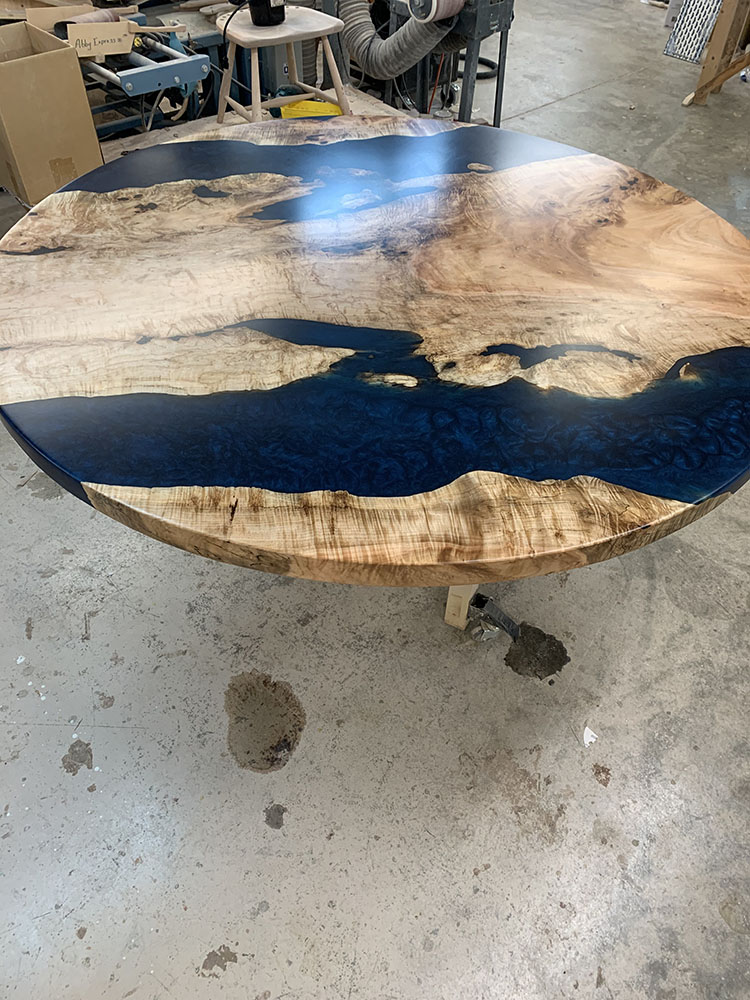 Custom Figured Maple Round Live Edge River Dining Table with Cross Steel Base & Ocean Metallic Epoxy - 044 - Top