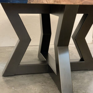 Custom Figured Maple Round Live Edge River Dining Table with Cross Steel Base & Ocean Metallic Epoxy - 044 - Underneath