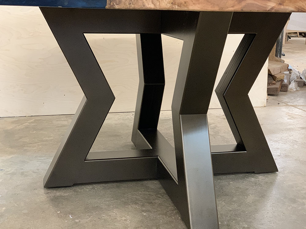 Custom Figured Maple Round Live Edge River Dining Table with Cross Steel Base & Ocean Metallic Epoxy - 044 - Underneath