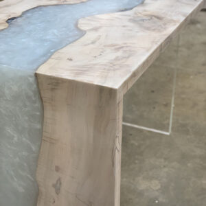 Figured Maple Live Edge River Dining Table with Waterfall Wood Base & Pearl Metallic Epoxy - 035 - Side View