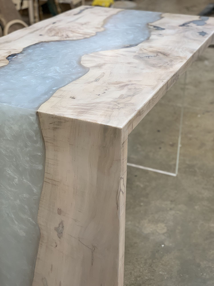 Figured Maple Live Edge River Dining Table with Waterfall Wood Base & Pearl Metallic Epoxy - 035 - Side View