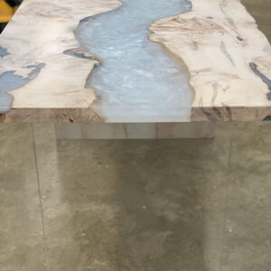 Figured Maple Live Edge River Dining Table with Waterfall Wood Base & Pearl Metallic Epoxy - 035 - Top View