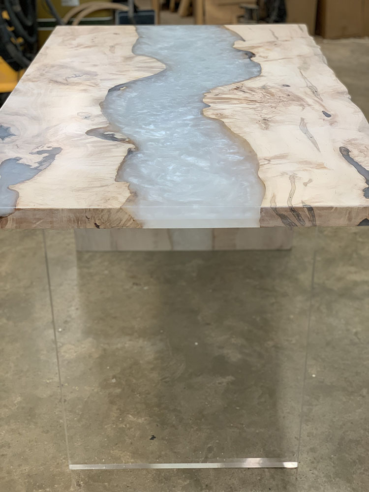 Figured Maple Live Edge River Dining Table with Waterfall Wood Base & Pearl Metallic Epoxy - 035 - Top View