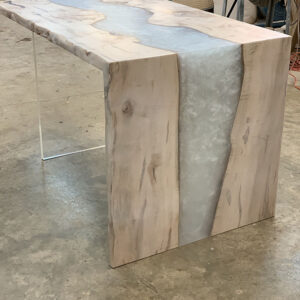 Custom Figured Maple Live Edge River Dining Table with Waterfall Wood Base & Pearl Metallic Epoxy - 035