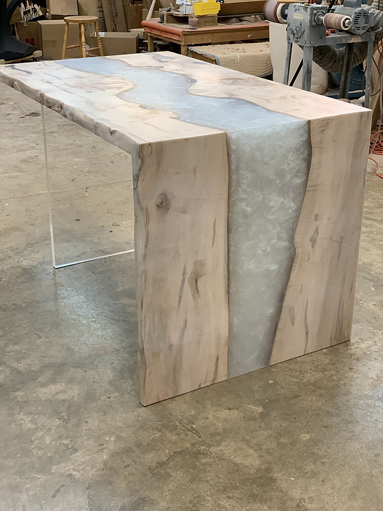 Custom Figured Maple Live Edge River Dining Table with Waterfall Wood Base & Pearl Metallic Epoxy - 035