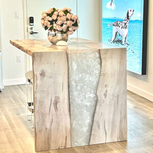 Custom Figured Maple Live Edge River Dining Table with Waterfall Wood Base & Pearl Metallic Epoxy - 035