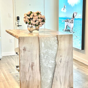 Custom Figured Maple Live Edge River Dining Table with Waterfall Wood Base & Pearl Metallic Epoxy - 035