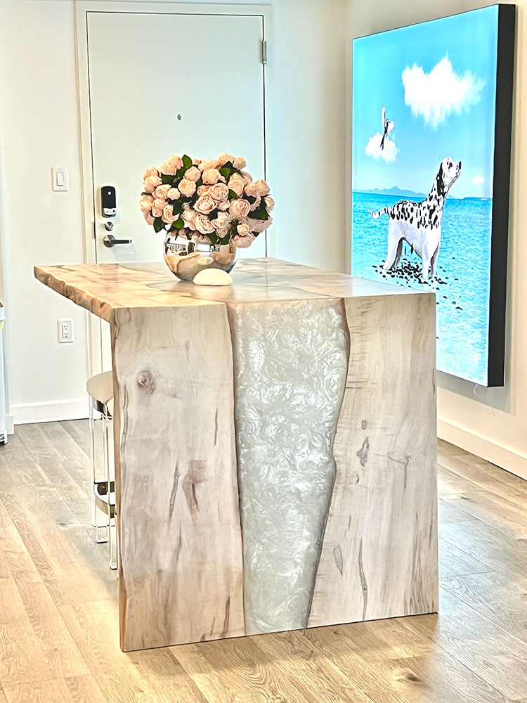 Custom Figured Maple Live Edge River Dining Table with Waterfall Wood Base & Pearl Metallic Epoxy - 035