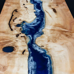 Custom Figured Maple Live Edge River Dining Table with X Beam Steel Base & Ocean Blue Epoxy - 037 - Top Detail