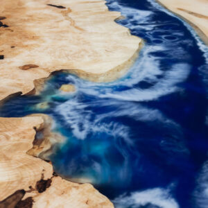 Custom Figured Maple Live Edge River Dining Table with X Beam Steel Base & Ocean Blue Epoxy - 037 - Wave Detail