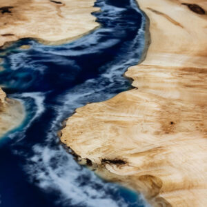 Custom Figured Maple Live Edge River Dining Table with X Beam Steel Base & Ocean Blue Epoxy - 037 - Handcrafted
